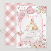 Pink Floral Bunny Pink Bow Baby Shower Invitation (Devant / Derrière)
