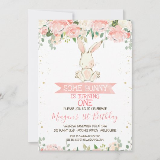 Pink Floral Bunny Rabbit 1st Birthday Kaart (Voorkant)