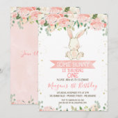 Pink Floral Bunny Rabbit 1st Birthday Kaart (Voorkant / Achterkant)