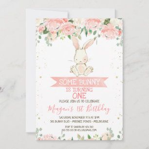 Pink Floral Bunny Rabbit 1st Birthday Kaart
