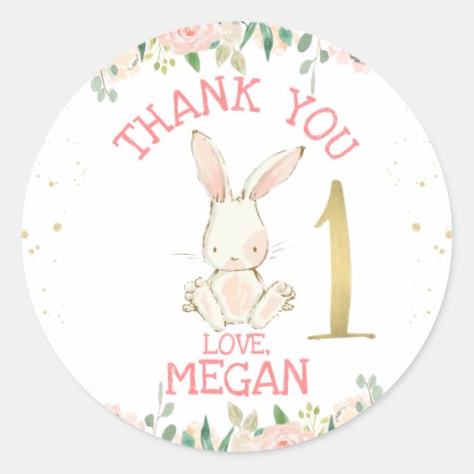 Pink Floral Bunny Rabbit 1st Birthday Ronde Sticker (Voorkant)