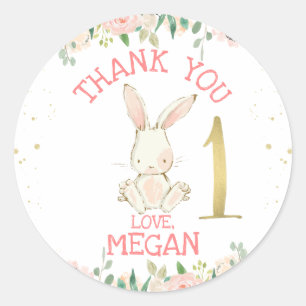 Pink Floral Bunny Rabbit 1st Birthday Ronde Sticker