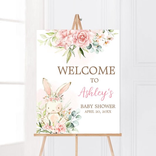 Pink Floral Bunny Rabbit Baby shower Welkom Poster