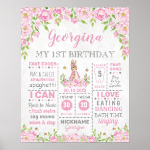 Pink Floral Bunny Rabbit Birthday Milestone Stats Poster