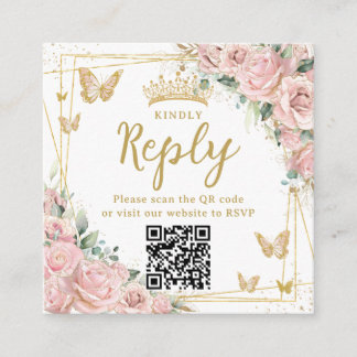 Pink Floral Butterflies Quinceanera RSVP QR Code Informatiekaartje