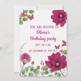 Pink Floral Butterfly  Birthday Invitation Kaart