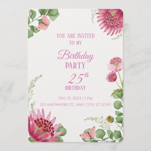 Pink Floral Butterfly Birthday Invitation Kaart (Voorkant)