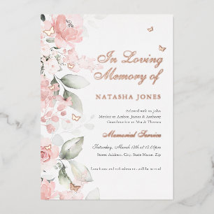 Pink Floral Butterfly Memorial Service Folie Uitnodiging