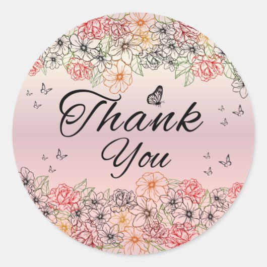 Pink Floral Butterfly Round Thank You Sticker (Devant)