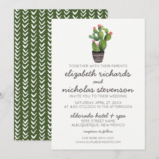 Pink Floral Cactus - Wedding Invite Kaart (Voorkant / Achterkant)