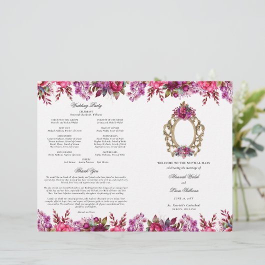 Pink Floral catholique Mariage programme de cérémo (Debout devant)