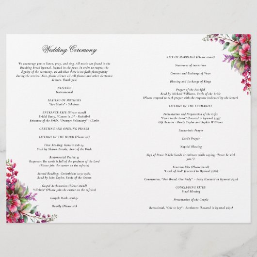 Pink Floral catholique Mariage programme de cérémo (Dos)