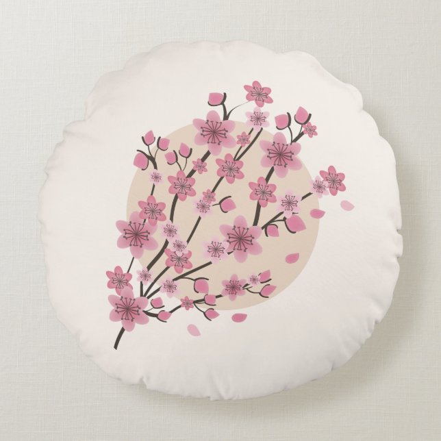 Pink Floral Cherry Blossom Tree Petals Rond Kussen (Voorkant)