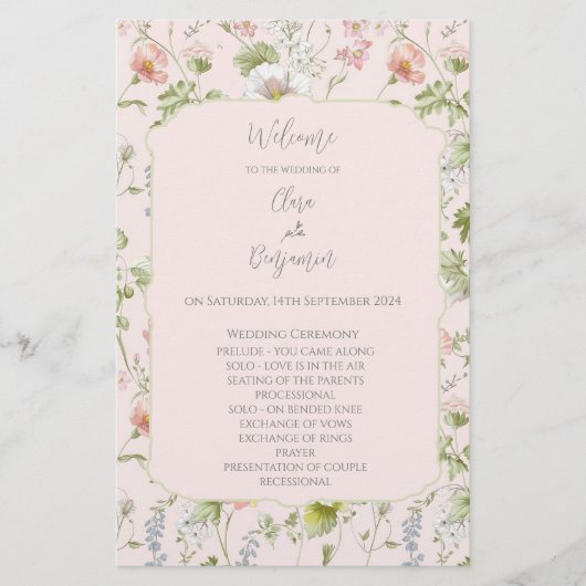Pink Floral Chinoiserie Mariage programme de cérém (Devant)