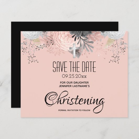 Pink Floral Christening Save the Date Budget (Voorkant / Achterkant)