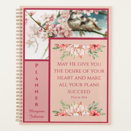 Pink Floral Christian Planner avec oiseaux (Devant)