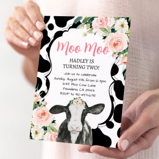 Pink Floral Cow Farm Invitation Anniversaire