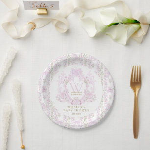 Pink Floral Crest Preppy Girl Baby shower Papieren Bordje