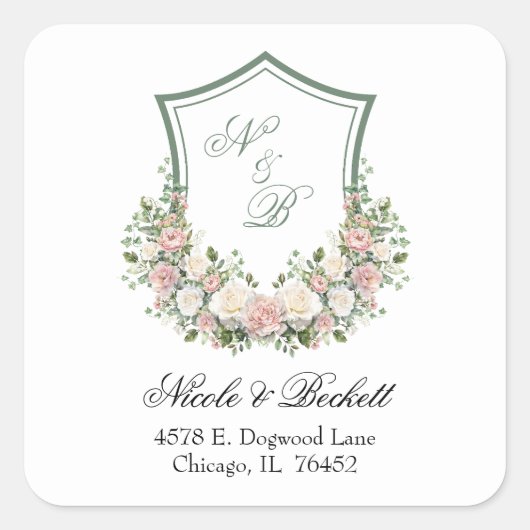 Pink Floral Crest Vierkante Sticker (Voorkant)