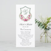 Pink Floral Crest Wedding Programma (Staand voorkant)