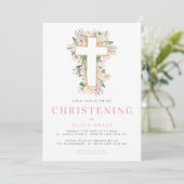 Pink Floral Cross Christening Uitnodiging (Staand voorkant)