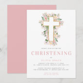 Pink Floral Cross Christening Uitnodiging (Voorkant / Achterkant)