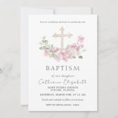 Pink Floral Cross Eucalyptus Leaves Baptism Kaart (Voorkant)