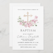 Pink Floral Cross Eucalyptus Leaves Baptism Kaart (Voorkant / Achterkant)
