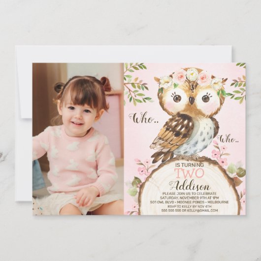 Pink Floral Crown Owl Photo Birthday Invitation (Devant)