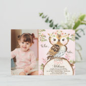 Pink Floral Crown Owl Photo Birthday Invitation (Debout devant)