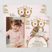 Pink Floral Crown Owl Photo Birthday Invitation (Devant / Derrière)