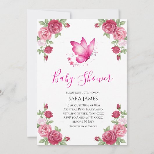Pink Floral Cute Butterfly Baby Shower Invitation (Devant)