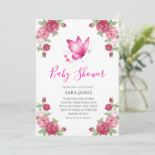 Pink Floral Cute Butterfly Baby Shower Invitation (Debout devant)