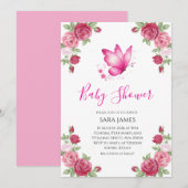 Pink Floral Cute Butterfly Baby Shower Invitation (Devant / Derrière)