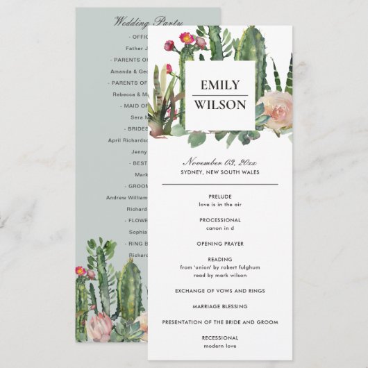 PINK FLORAL DESERT CACTI WEDDING CEREMONY PROGRAMM MENU (Voorkant / Achterkant)