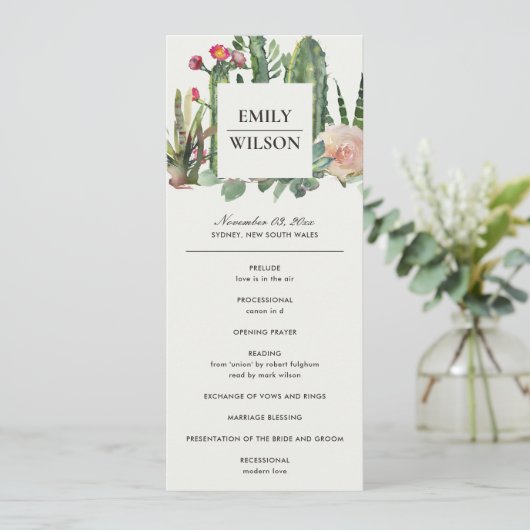 PINK FLORAL DESERT CACTI WEDDING CEREMONY PROGRAMM MENU (Staand voorkant)