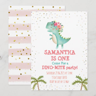 Pink Floral Dino First Birthday Party Invite Kaart