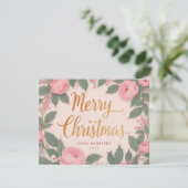 Pink Floral Elégante Joyeux Noël Carte de vacances (Debout devant)