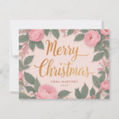 Pink Floral Elégante Joyeux Noël Carte de vacances (Devant)