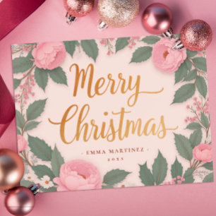 Pink Floral Elégante Joyeux Noël Carte de vacances