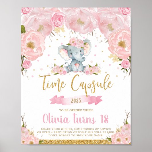 Pink Floral Elephant 1 e Birthday Time Capsule Poster (Voorkant)
