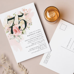 Pink Floral Eucalyptus Foliage 75th Birthday Party Uitnodiging Briefkaart