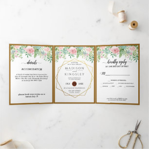 Pink Floral Fab Botanical Wedding Drieluik Uitnodiging