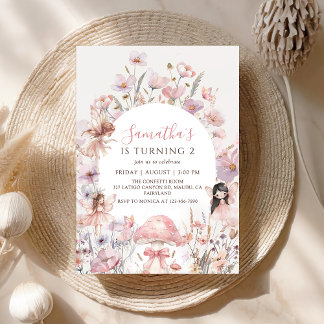 Pink Floral Fairy Birthday Invitation Kaart