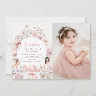 Pink Floral Fairy Birthday Photo Invitation Kaart