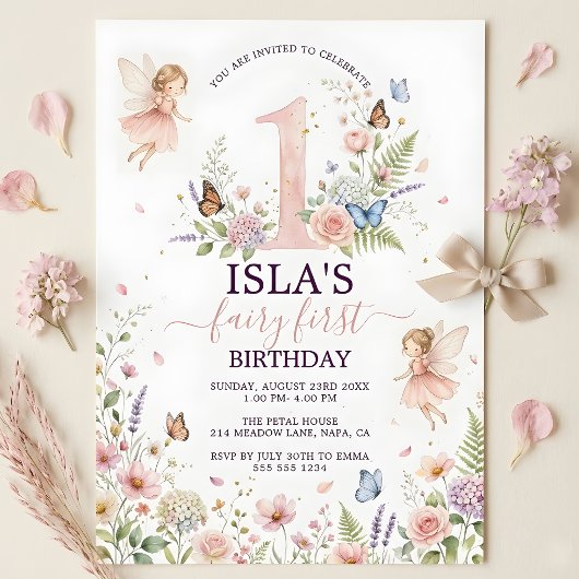 Pink Floral Fairy First Birthday Invitation