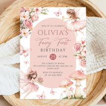 Pink Floral Fairy First Birthday Invitation