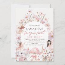 Pink Floral Fairy First Birthday Invitation