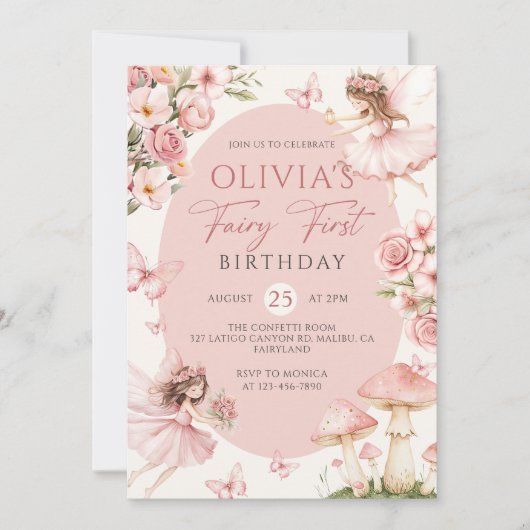 Pink Floral Fairy First Birthday Invitation Kaart (Voorkant)