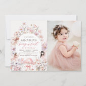 Pink Floral Fairy First Birthday Photo Invitation Kaart (Voorkant)